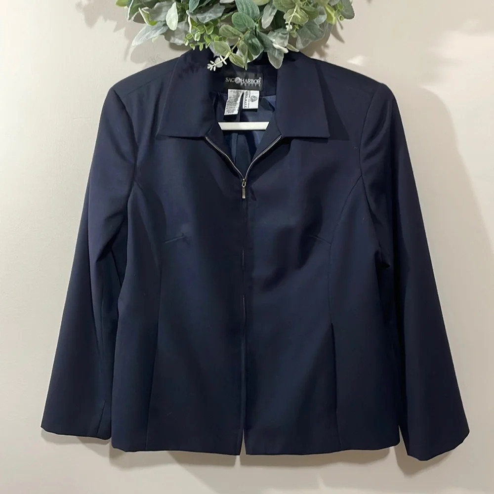 Sag Harbor Petite Wool Blazer Navy Zip Front Collared 12P